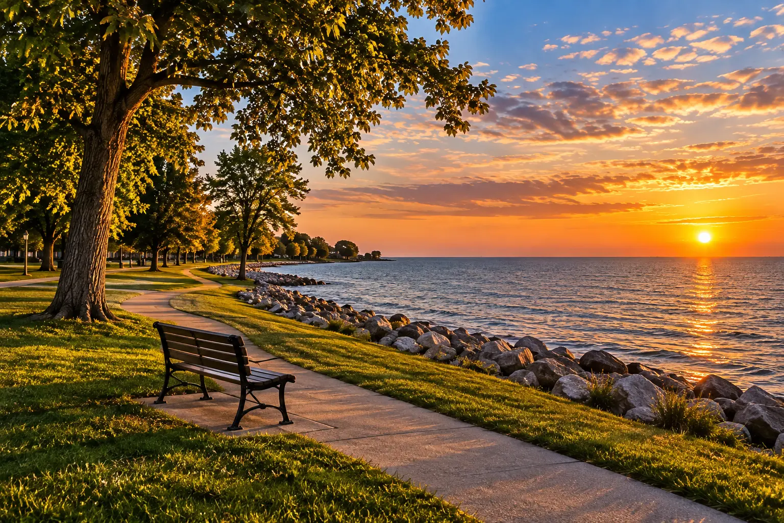 Kingsville lakeside park bench at sunset overlooking Lake Erie