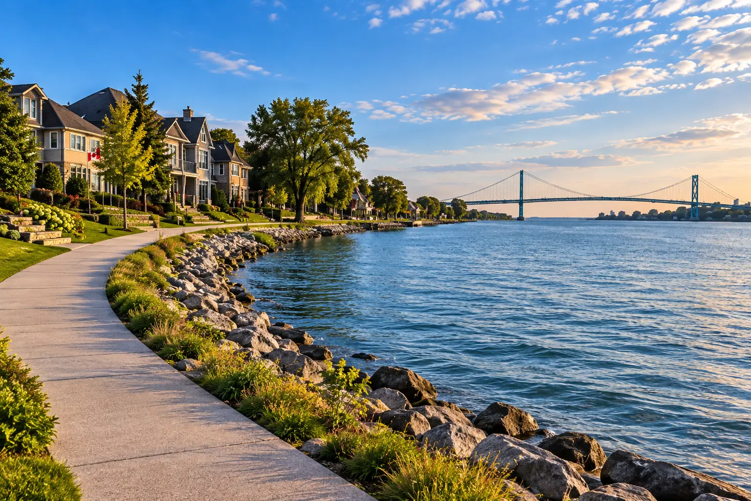 LaSalle riverfront homes along the Detroit River with the Ambassador Bridge in view