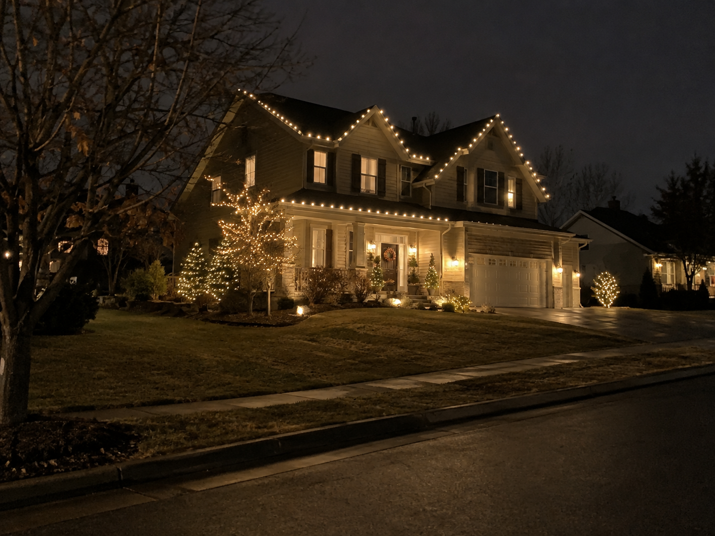 Two-storey home with roofline and tree lights