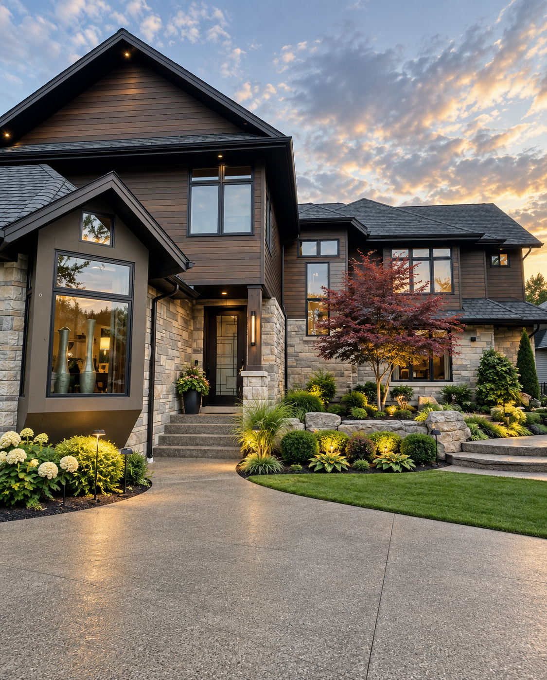 Professionally landscaped front yard with stone walkway, garden beds and green lawn at sunset