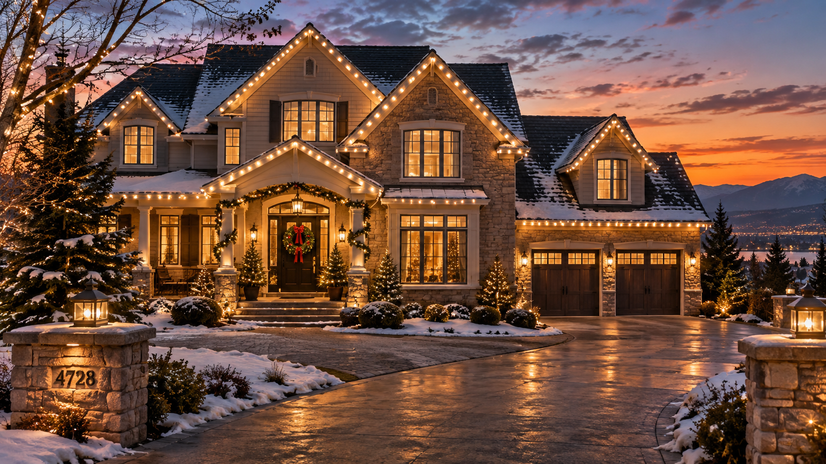 Christmas lights outlining a stone home's rooflines, windows and entryway at twilight