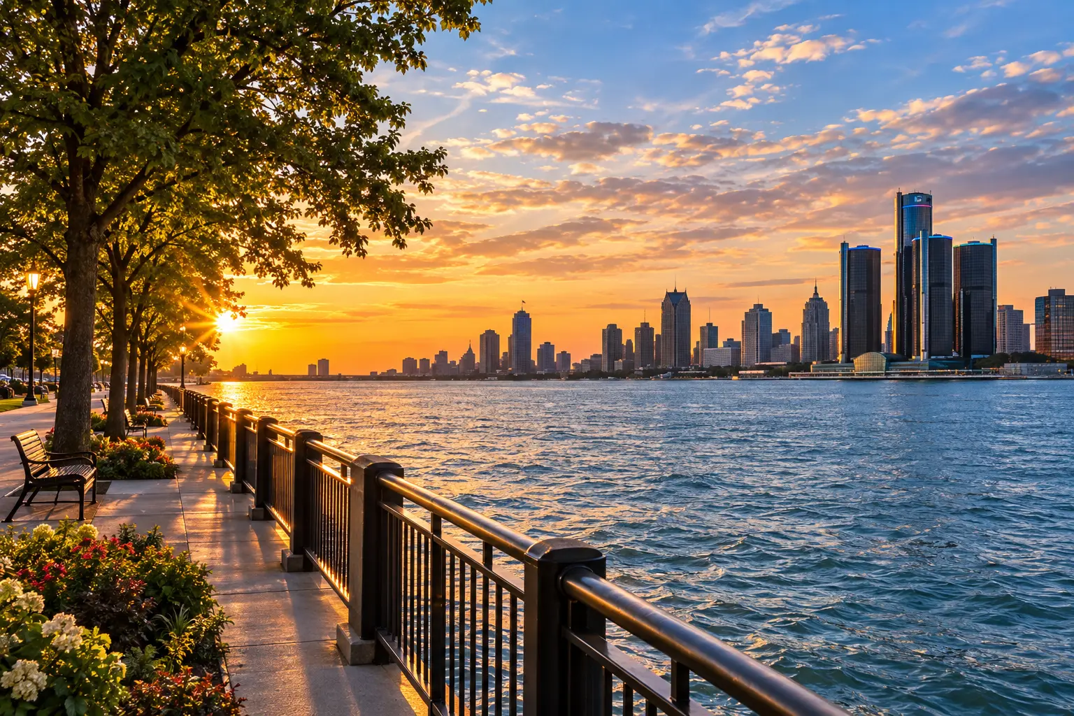 Windsor waterfront promenade at sunset with the Detroit skyline across the river