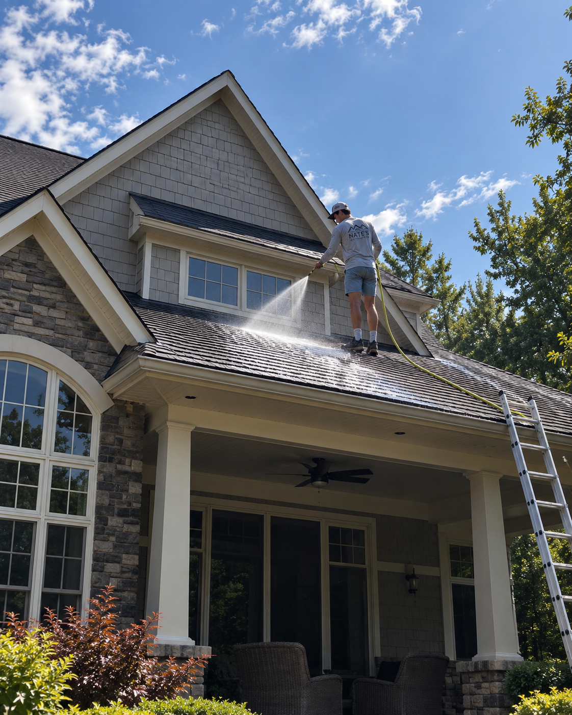 Technician spraying a shingle roof