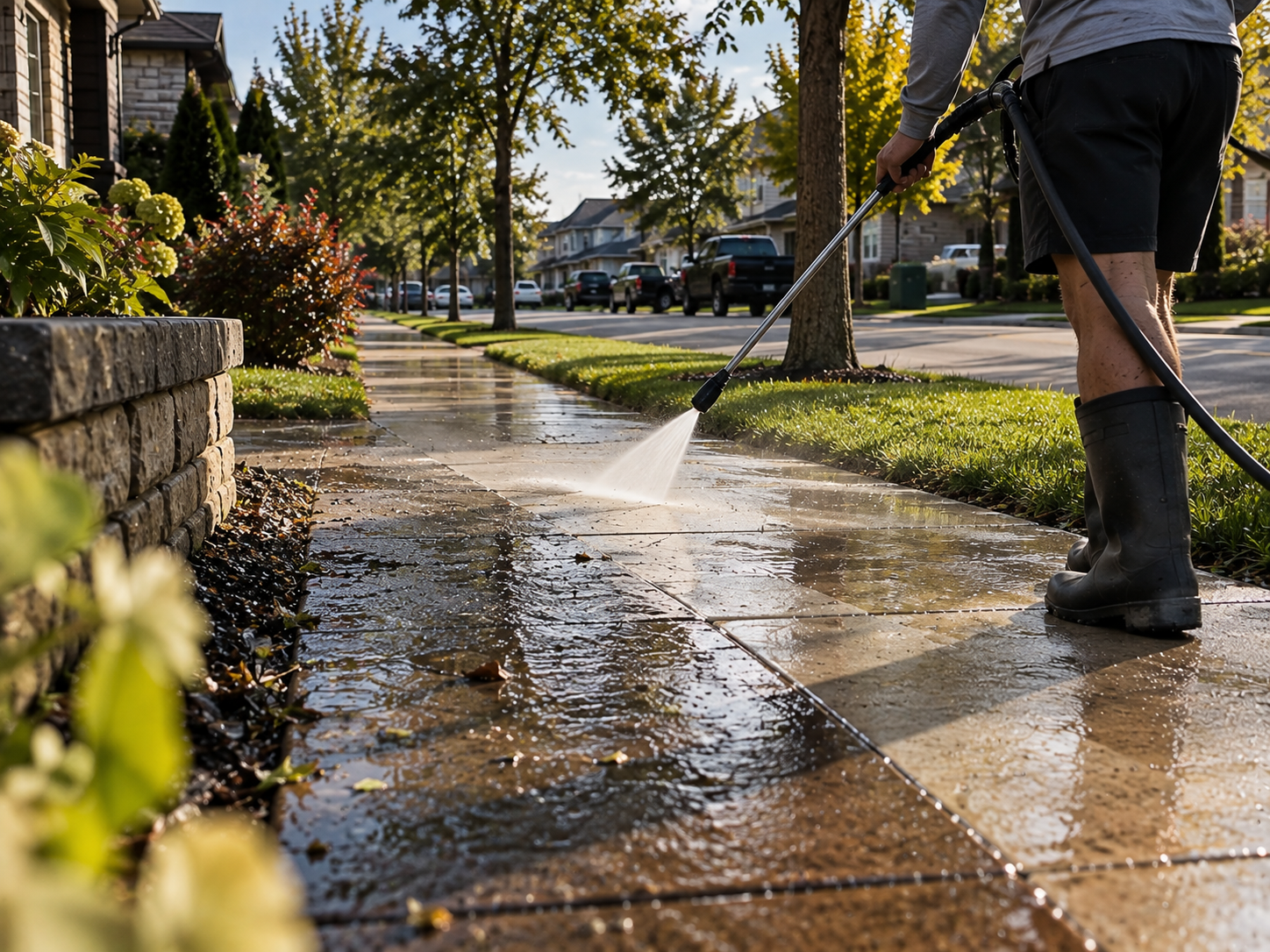 Pressure washing a suburban sidewalk